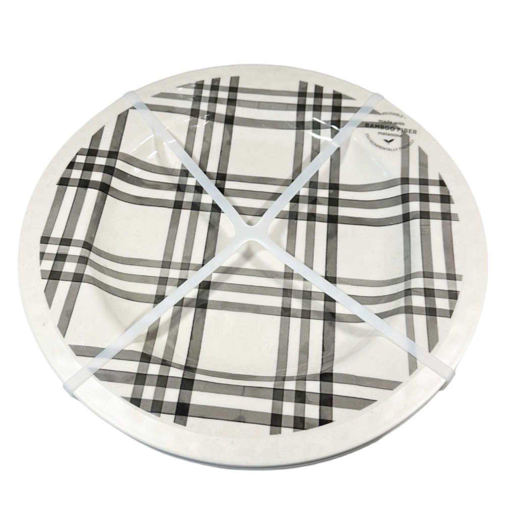 NEW Demdaco BLACK PLAID Melamine Dinner Plate Set/4